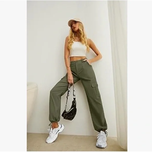 NWT-Lepunuo women's high-waisted, baggy, army green cargo pants - Picture 3 of 11